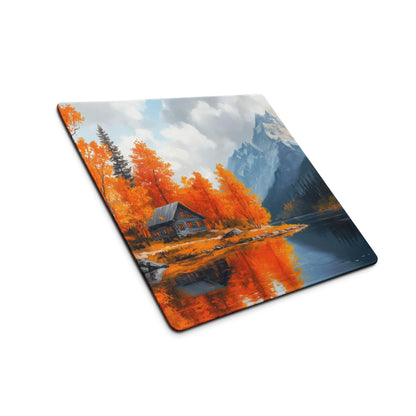 Artistic autumn landscape gaming mouse pad with orange trees cabin lake mountains