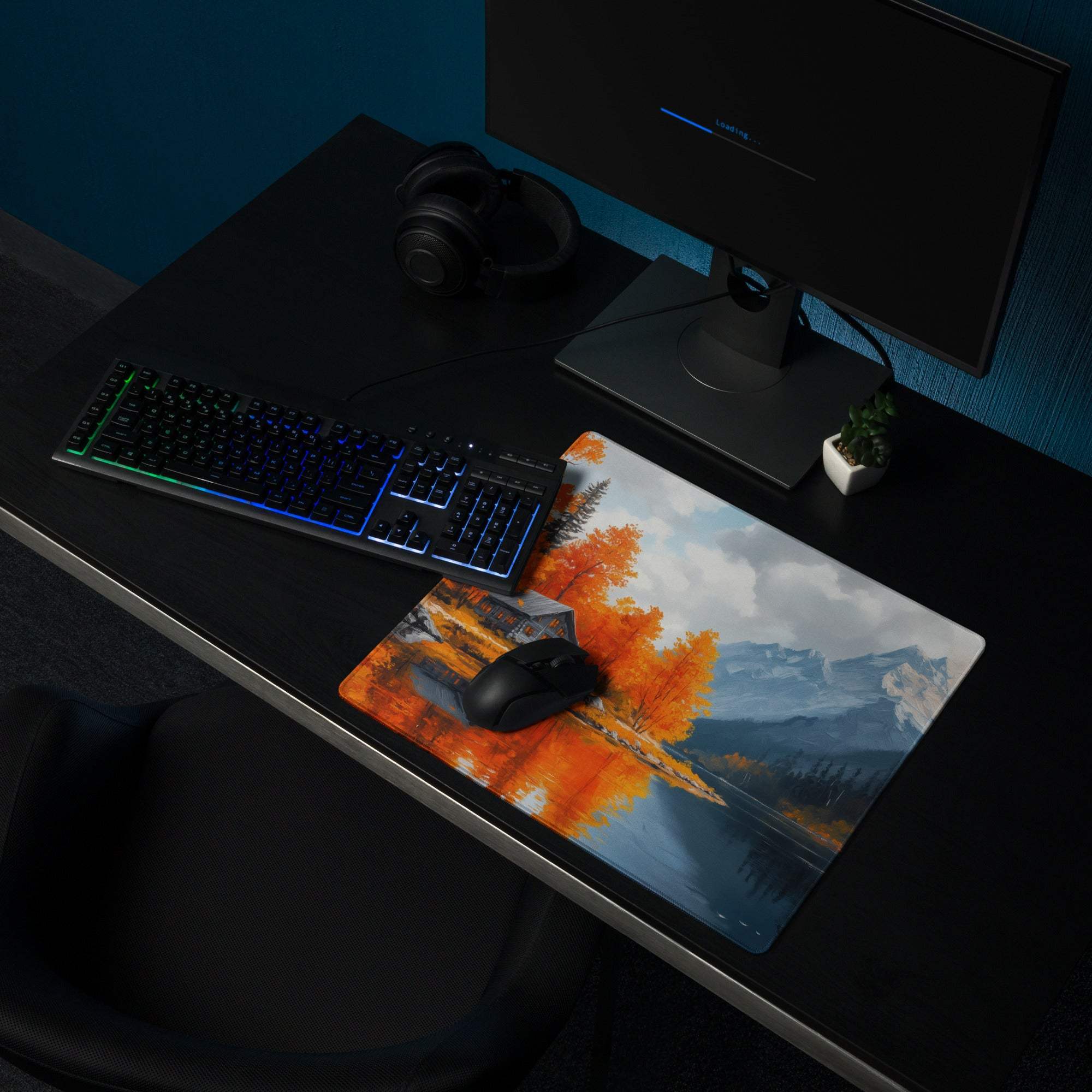 Artistic autumn landscape gaming mouse pad with orange trees, lake, mountains
