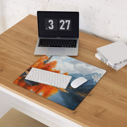 Artistic autumn forest mousepad with lake cabin, orange trees, mountains