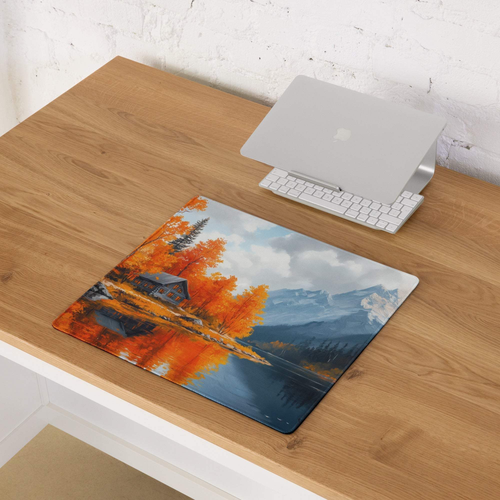 Artistic autumn landscape gaming mouse pad with orange trees, lake, mountains