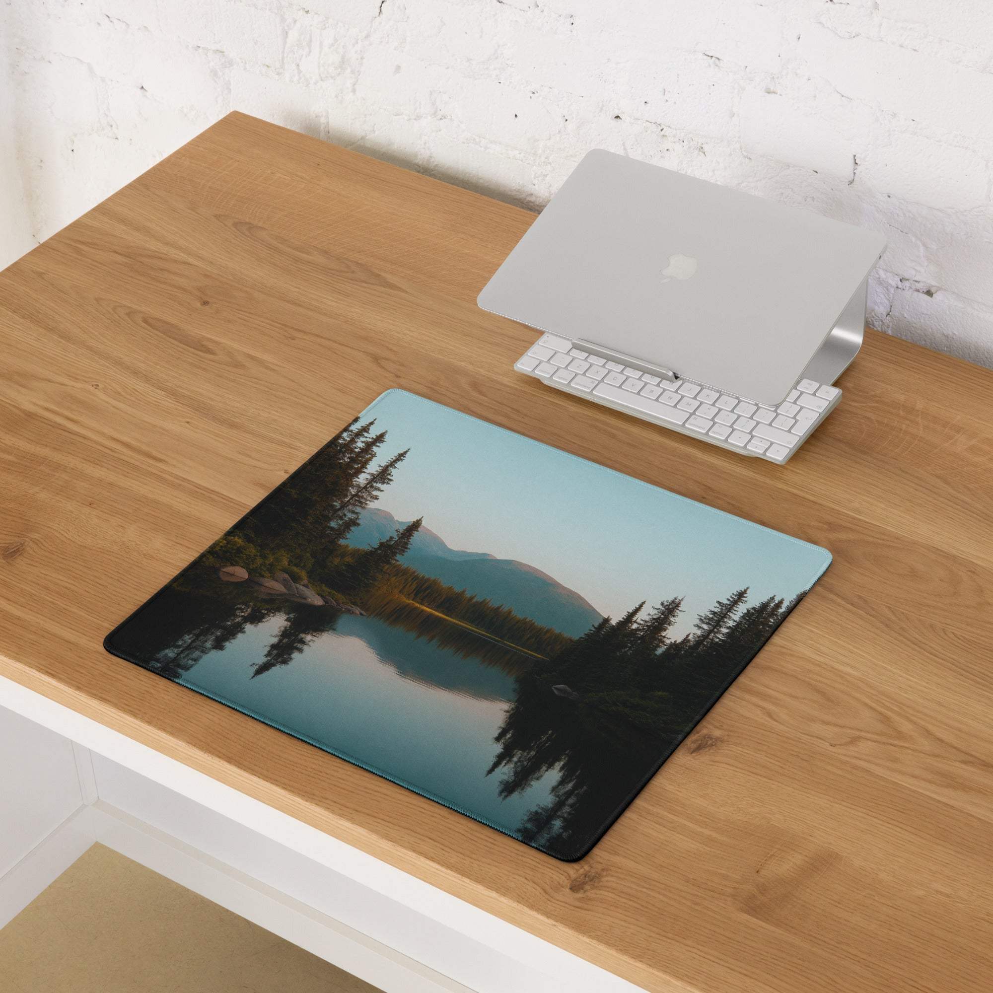 Calm nature scene large gaming mouse pad with serene forest lake and pines