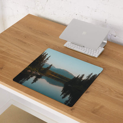 Calm nature scene large gaming mouse pad with serene forest lake and pines