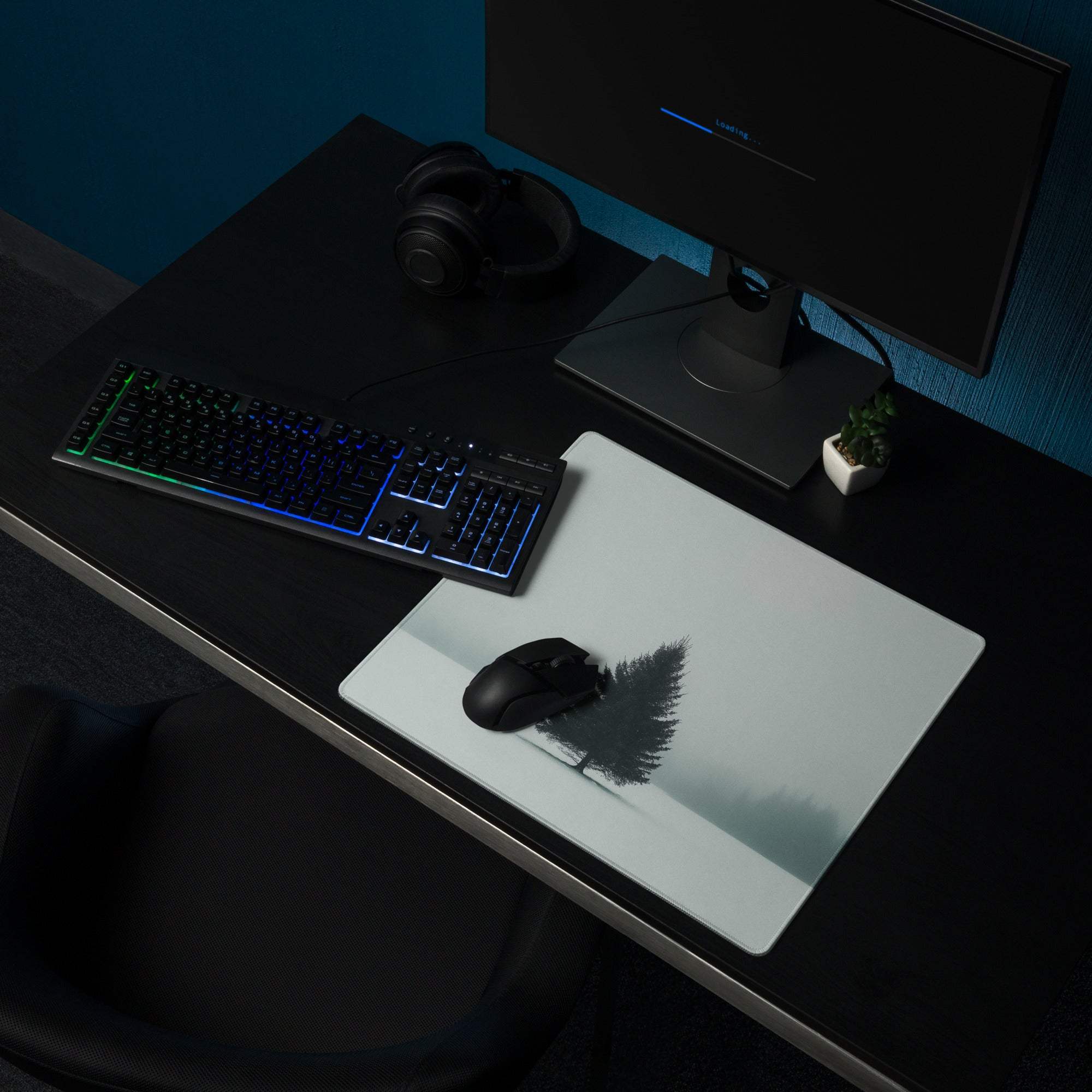 Minimalist black pine tree silhouette on white gaming mouse pad