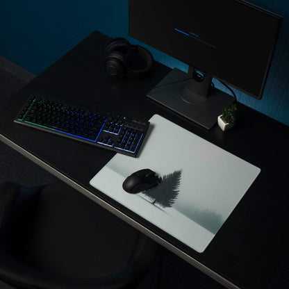 Minimalist black pine tree silhouette on white gaming mouse pad