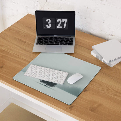 Minimalist light green tree silhouette gaming mouse pad with snowy forest gradient