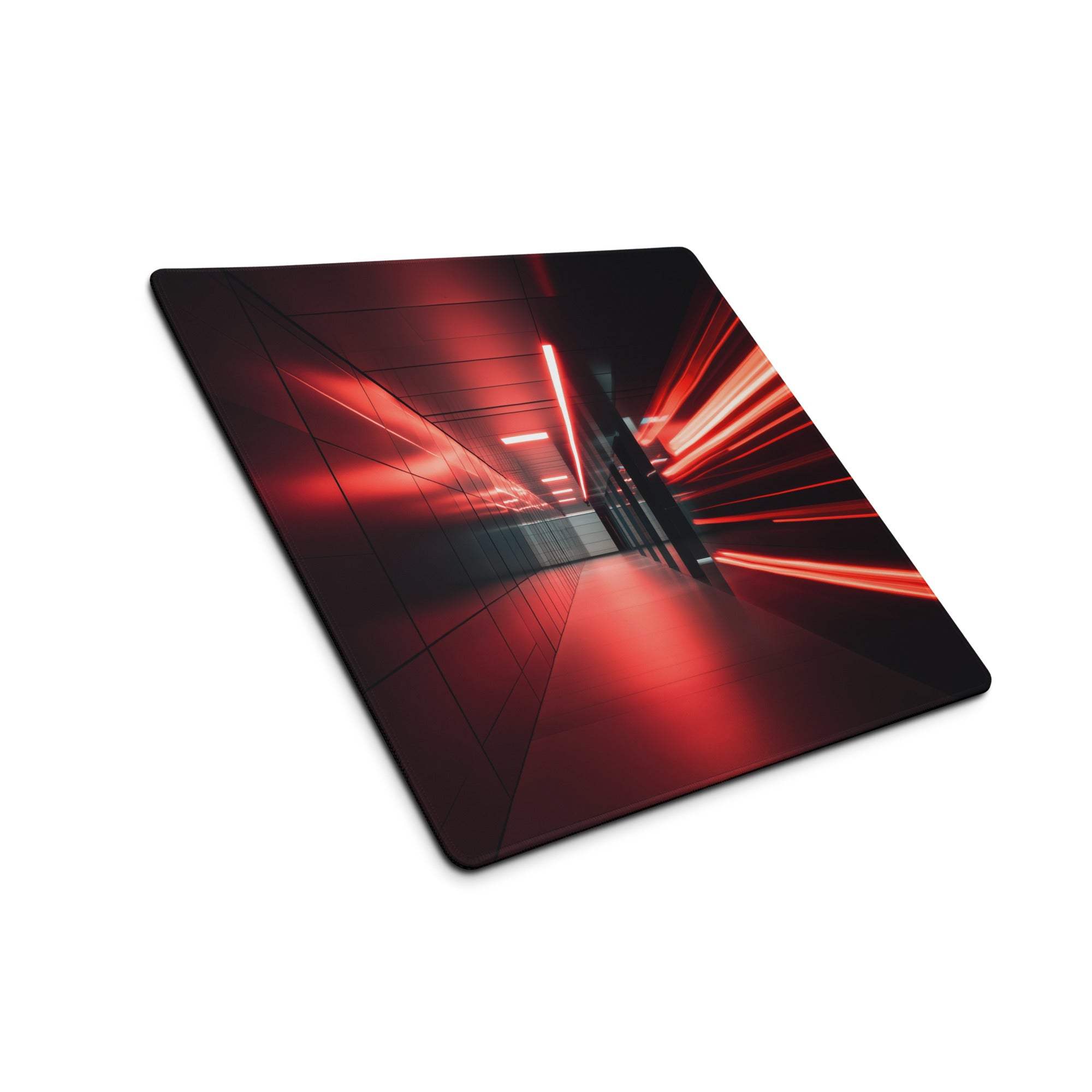 Red neon-lit tunnel gaming mousepad with sleek stitched edges