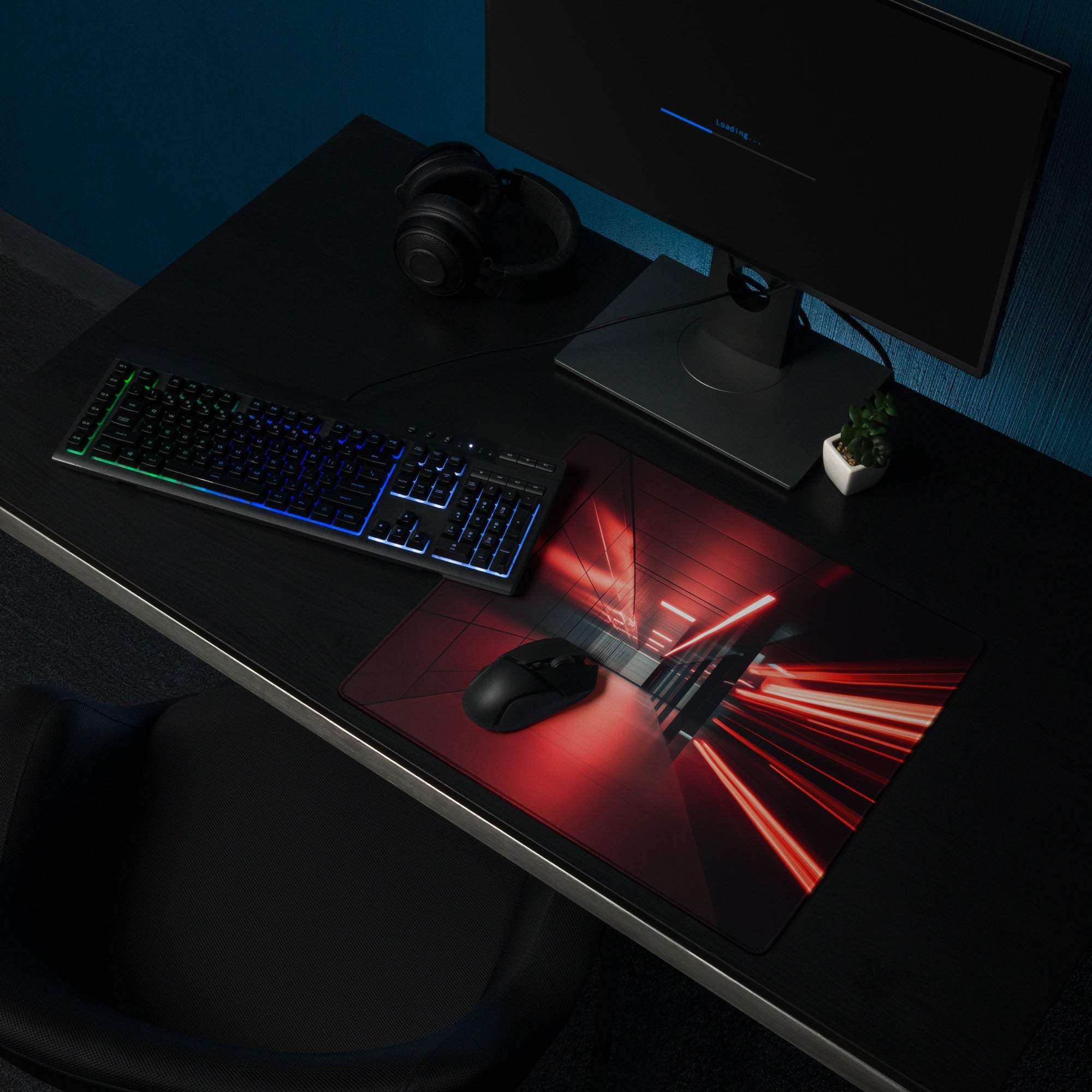 Red laser-themed glossy gaming mousepad with sleek tunnel design