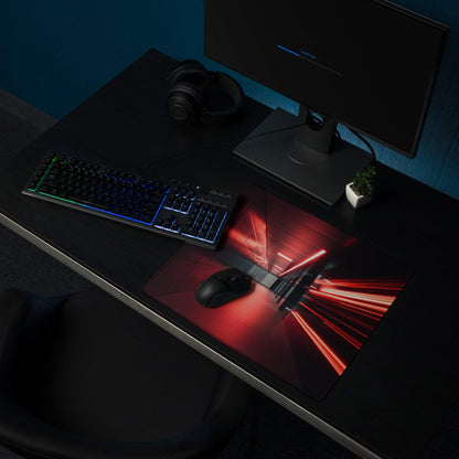 Red laser-themed glossy gaming mousepad with sleek tunnel design