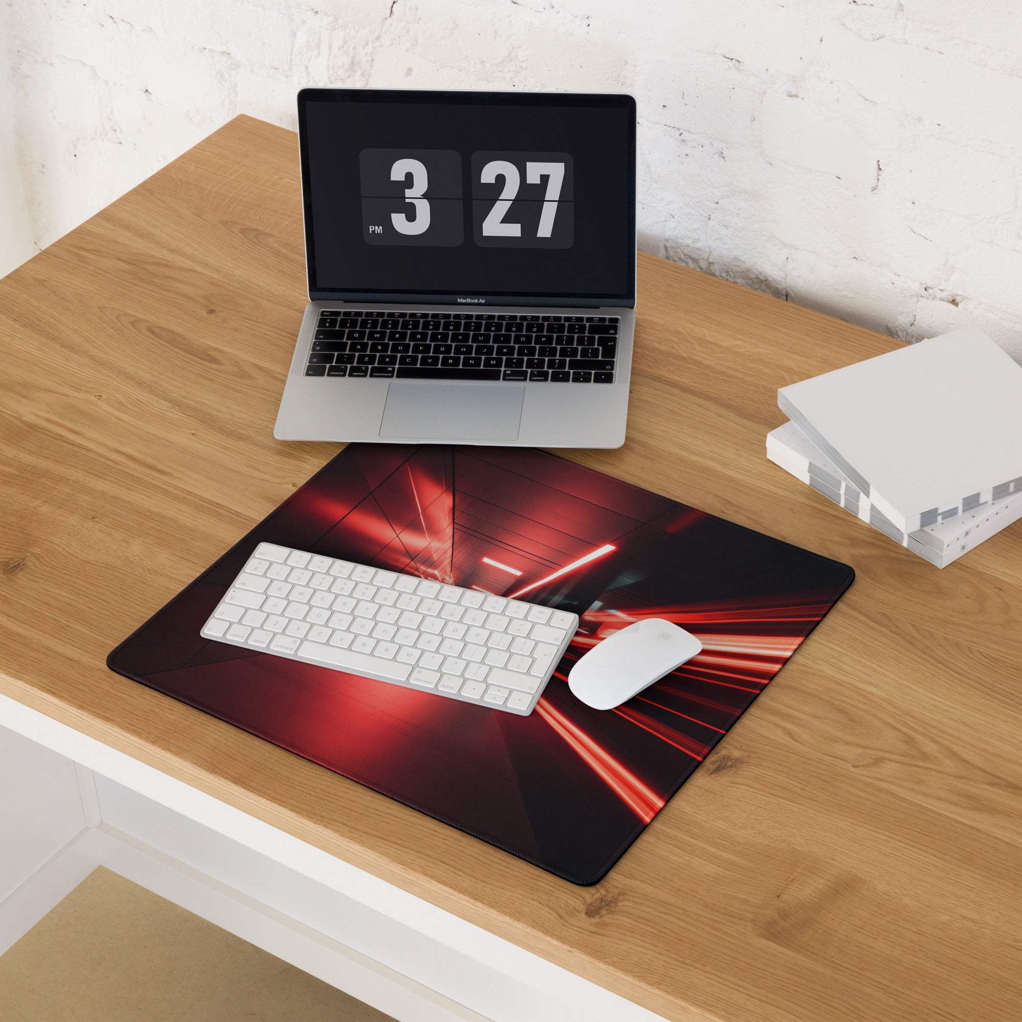Red black gaming mousepad with Sleek Tunnel neon light streaks design
