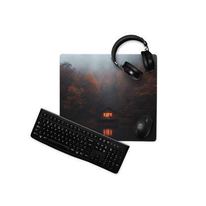Dark Forest Night large gaming mouse pad with misty forest, lit cabin, orange lights on water