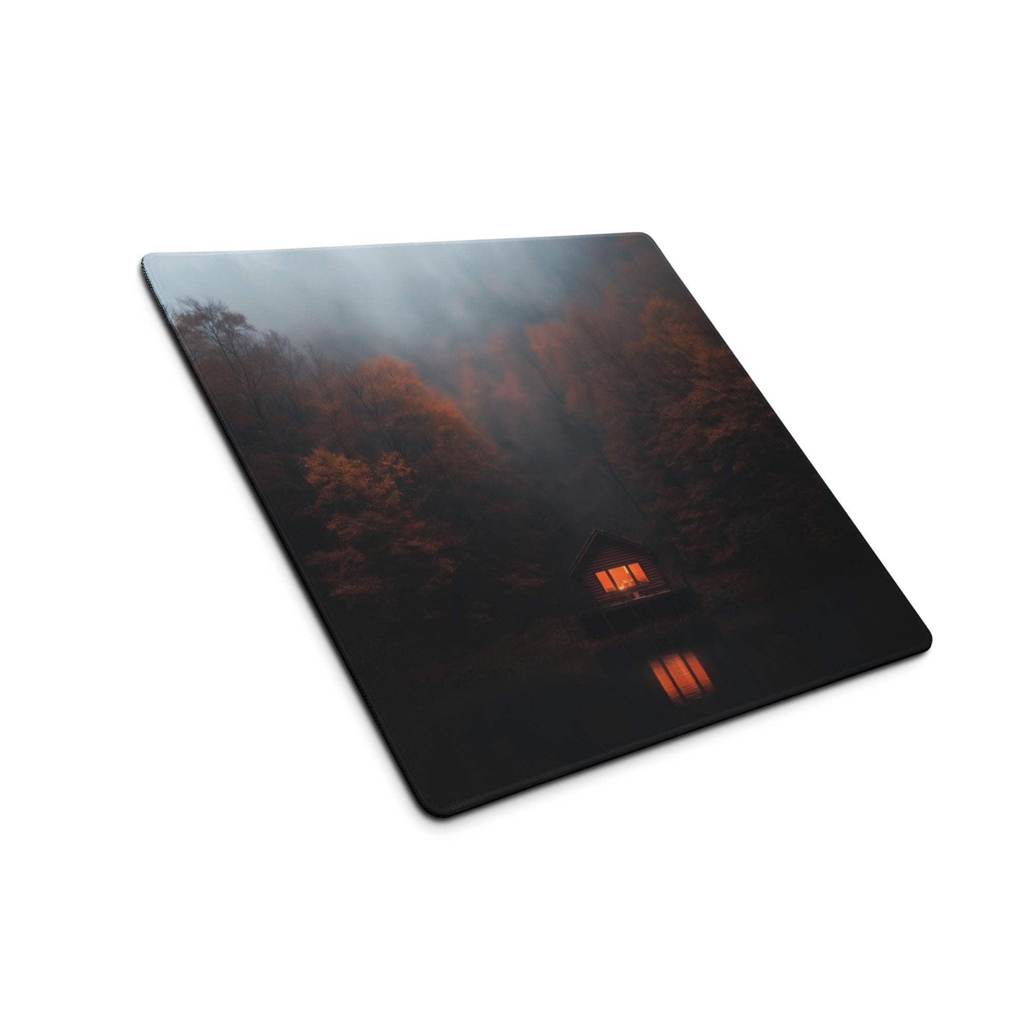 Dark Forest Night large gaming mouse pad with misty forest, lit cabin reflection