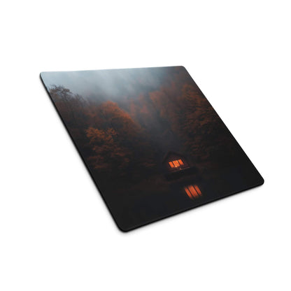 Dark Forest Night large gaming mouse pad with misty forest, lit cabin reflection