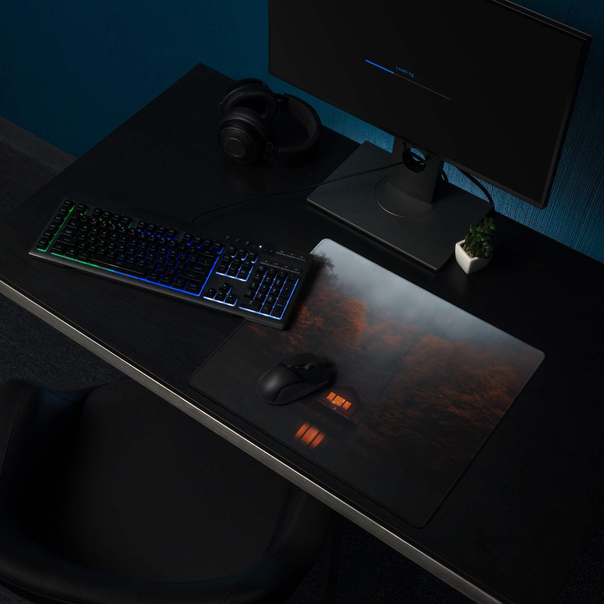 Dark Forest Night large gaming mouse pad with orange gray glowing landscape