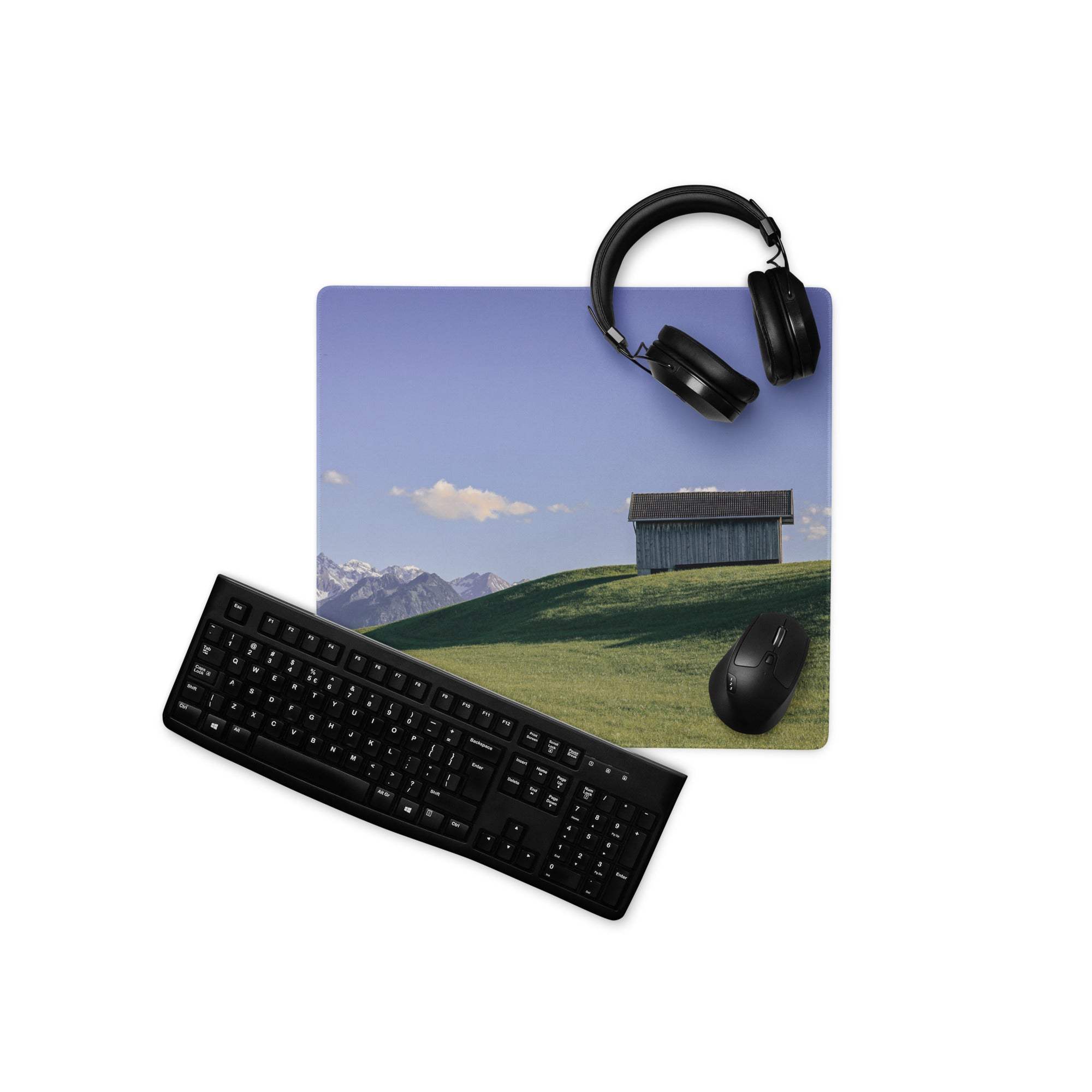 Scenic Landscape large gaming mouse pad with green hill barn mountains blue sky