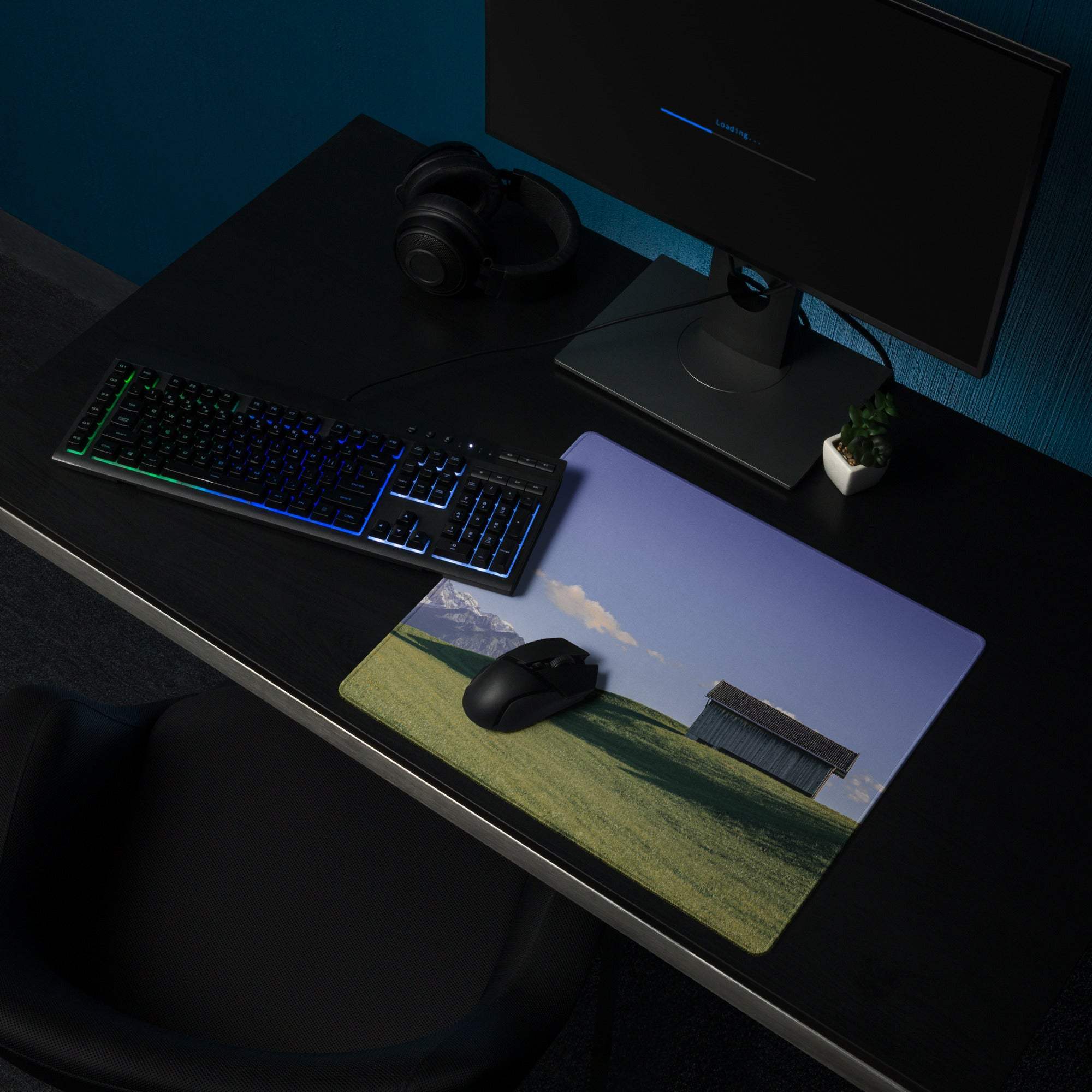 Scenic Landscape Large Gaming Mouse Pad with Green Fields, Barn, Mountains, Blue Sky