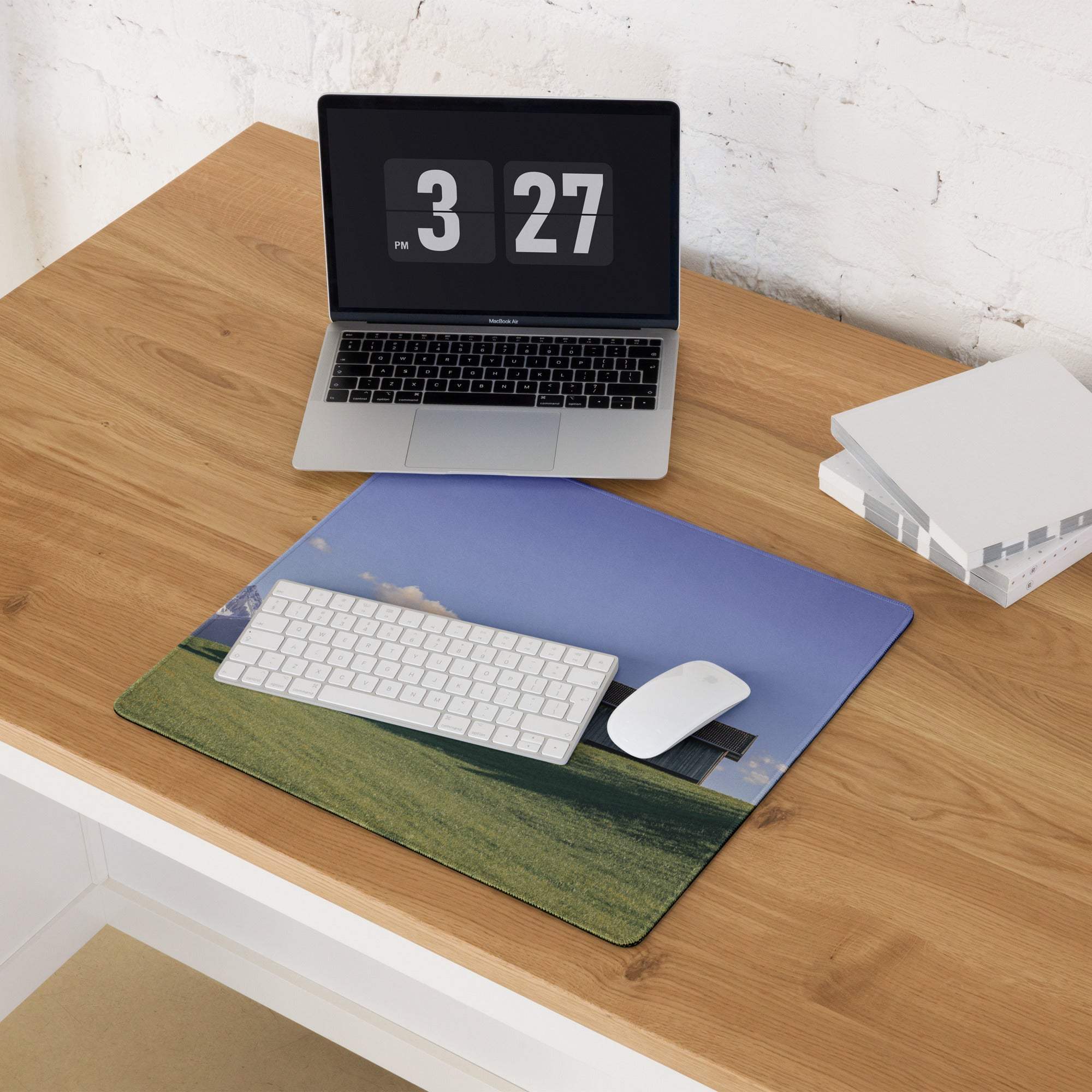 Scenic Landscape large gaming mouse pad with blue green grass sky mountains