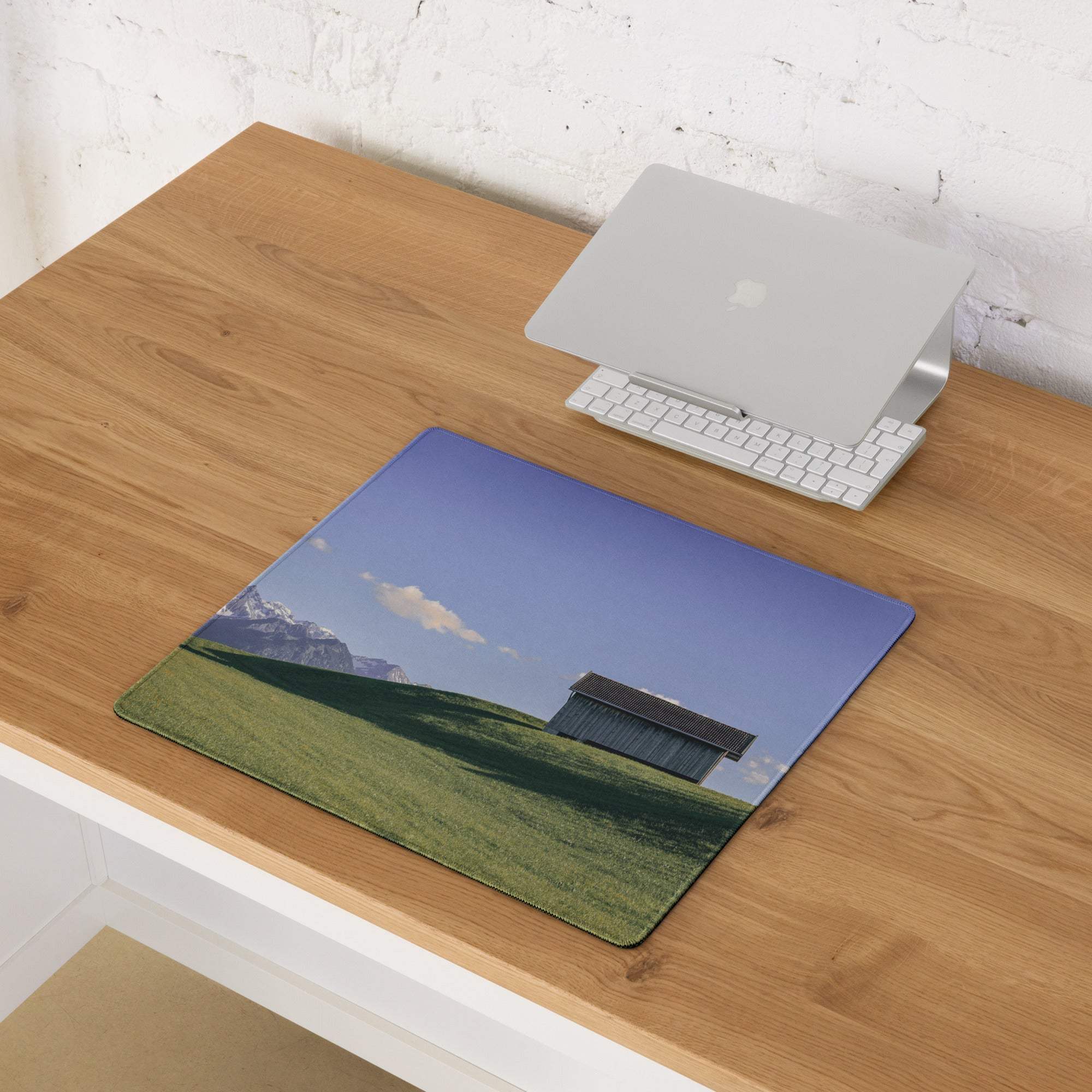 Scenic Landscape large gaming mouse pad with green hills, barn, mountains