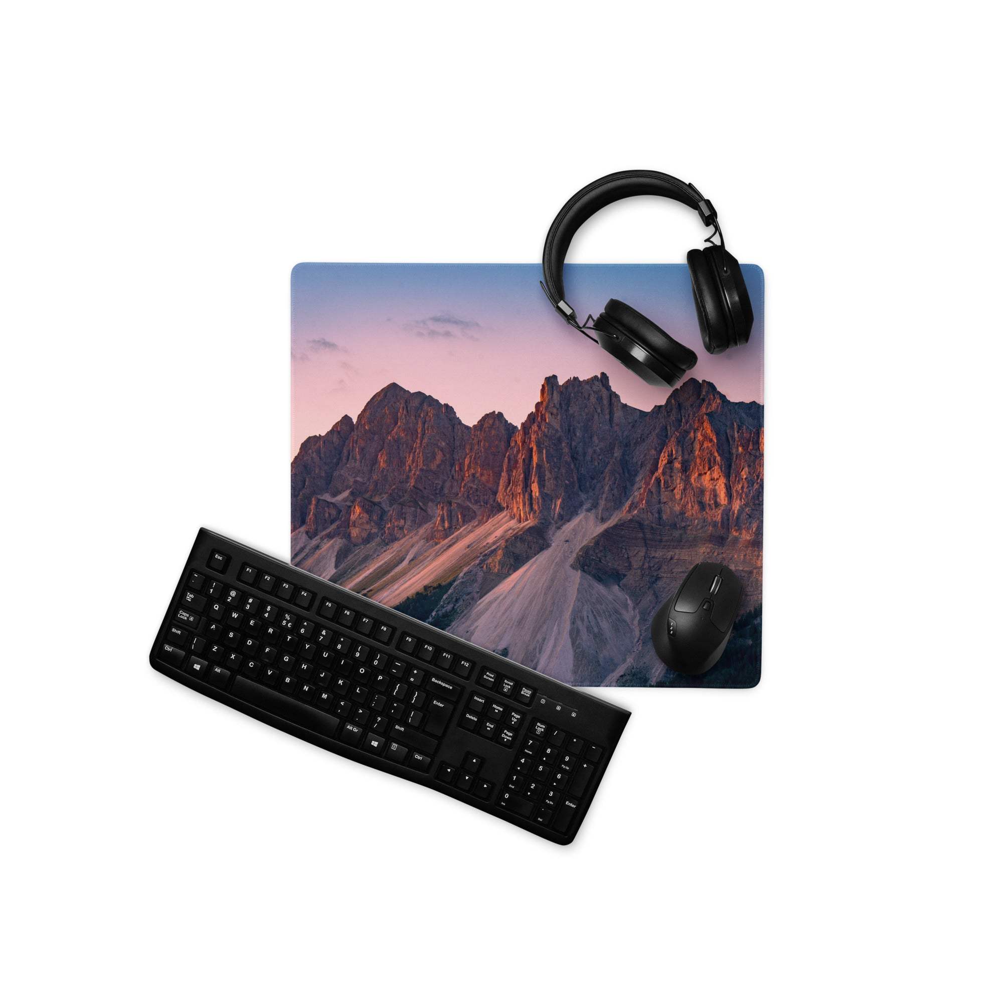 Premium mountain sunset gaming mouse pad with vivid pink purple peaks