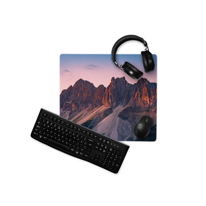 Premium mountain sunset gaming mouse pad with vivid pink purple peaks