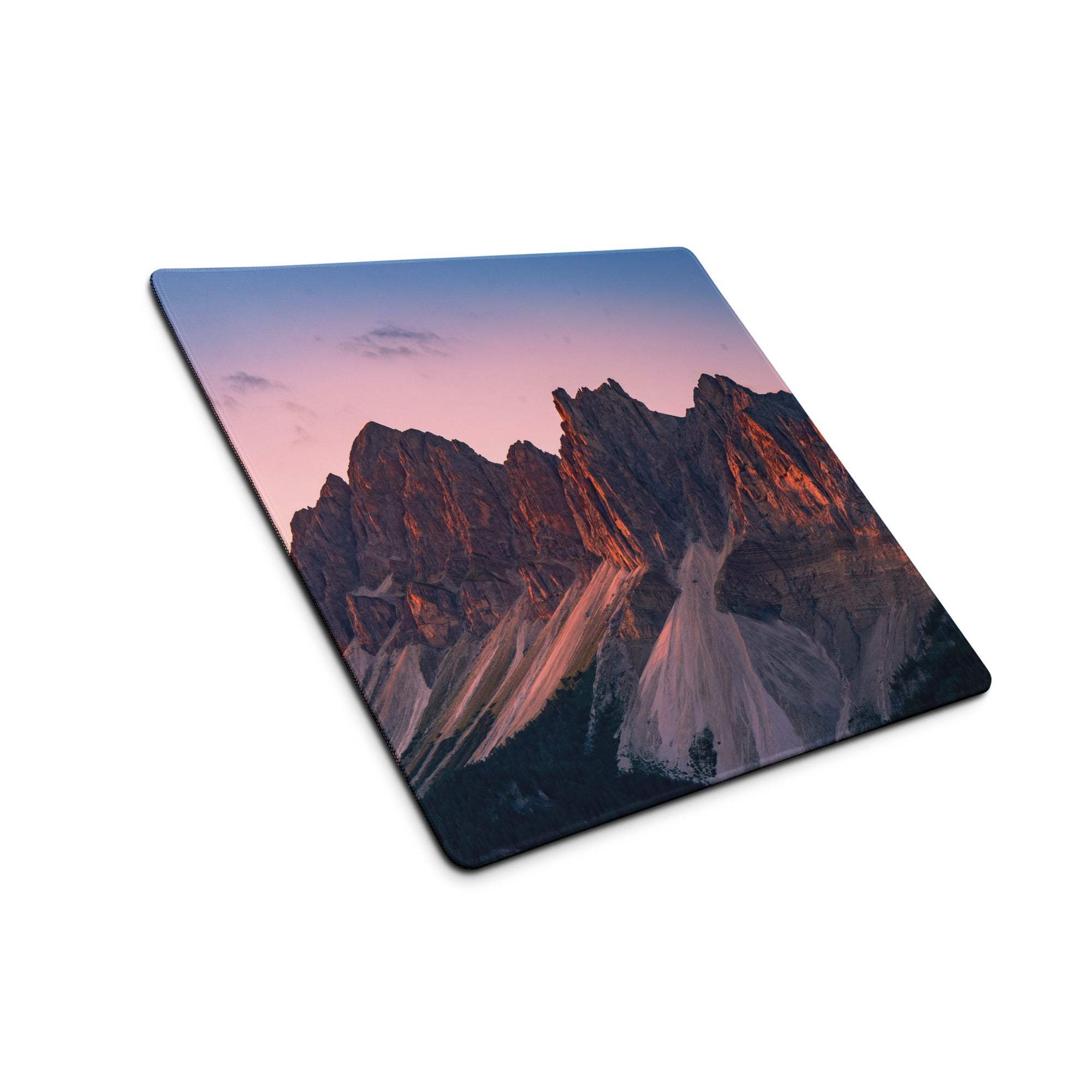 Premium mountain sunset gaming mouse pad with vivid peaks and non-slip base
