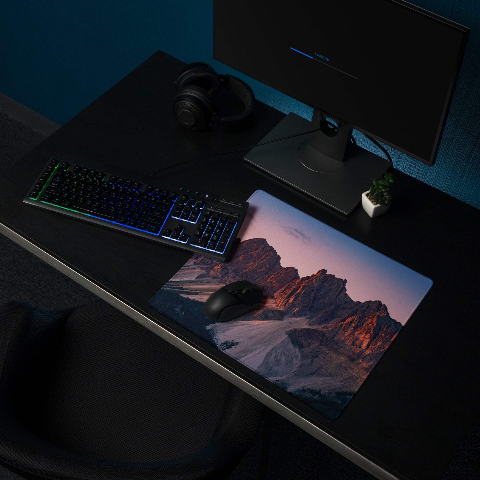 Premium mountain sunset gaming mouse pad with vivid twilight landscape