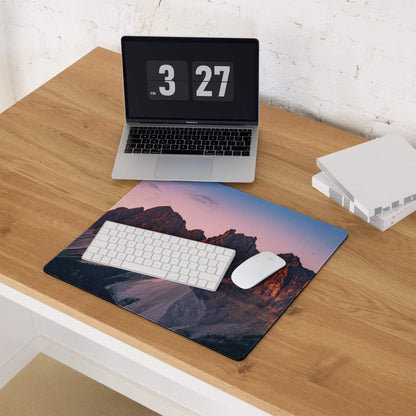 Premium mountain sunset gaming mouse pad with rocky peaks and vibrant gradient