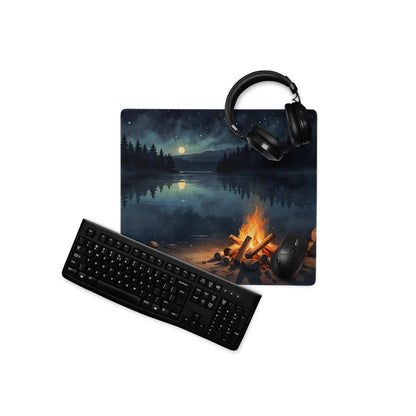 Black matte qwerty keyboard on night forest campfire gaming mouse pad