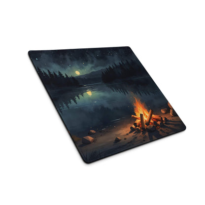 Large gaming mouse pad with night forest campfire scene, non-slip backing