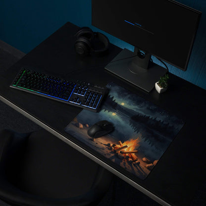 Large gaming mouse pad with night forest campfire scene, non-slip backing, edge stitching