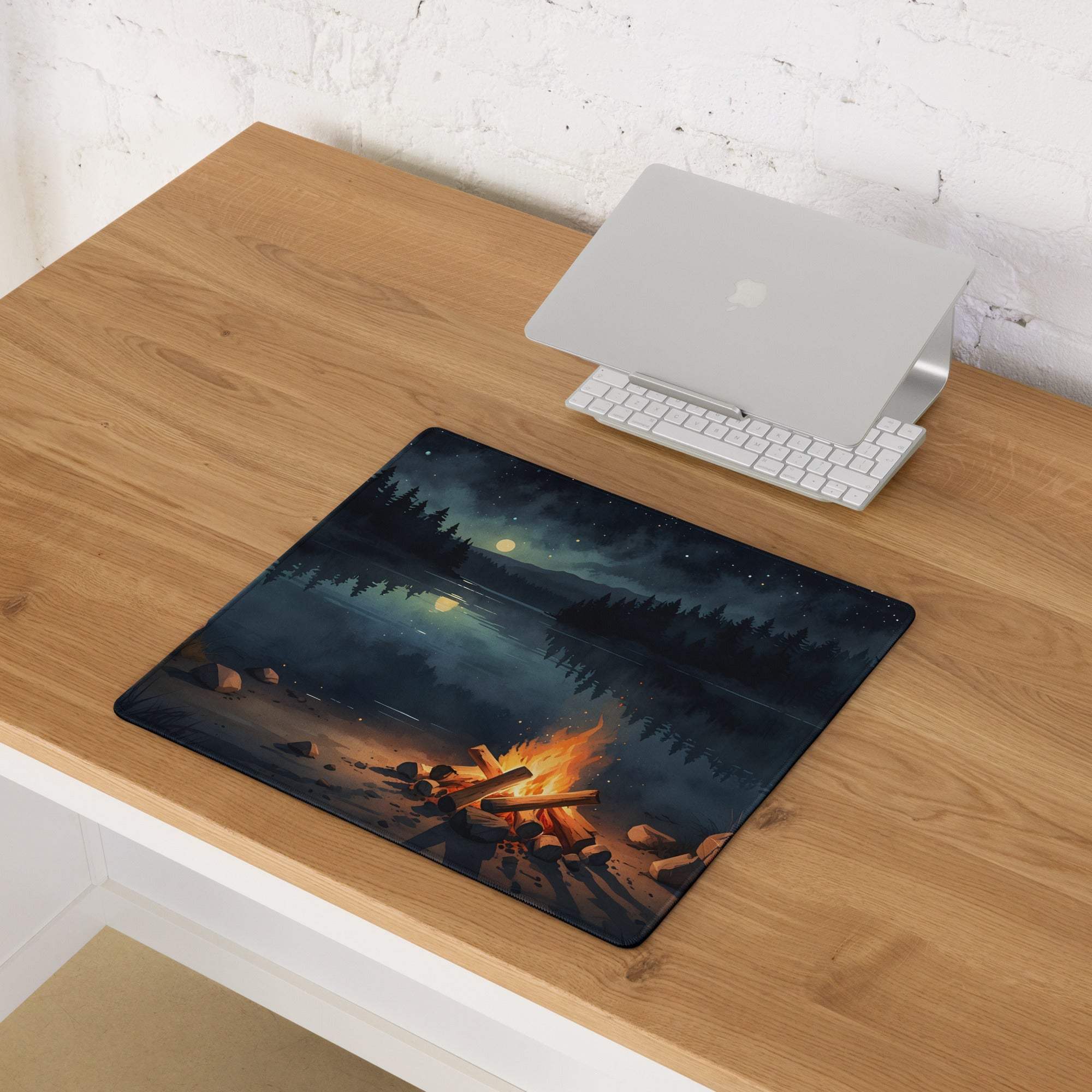 Black large gaming mousepad with night forest campfire lake scene under starry sky