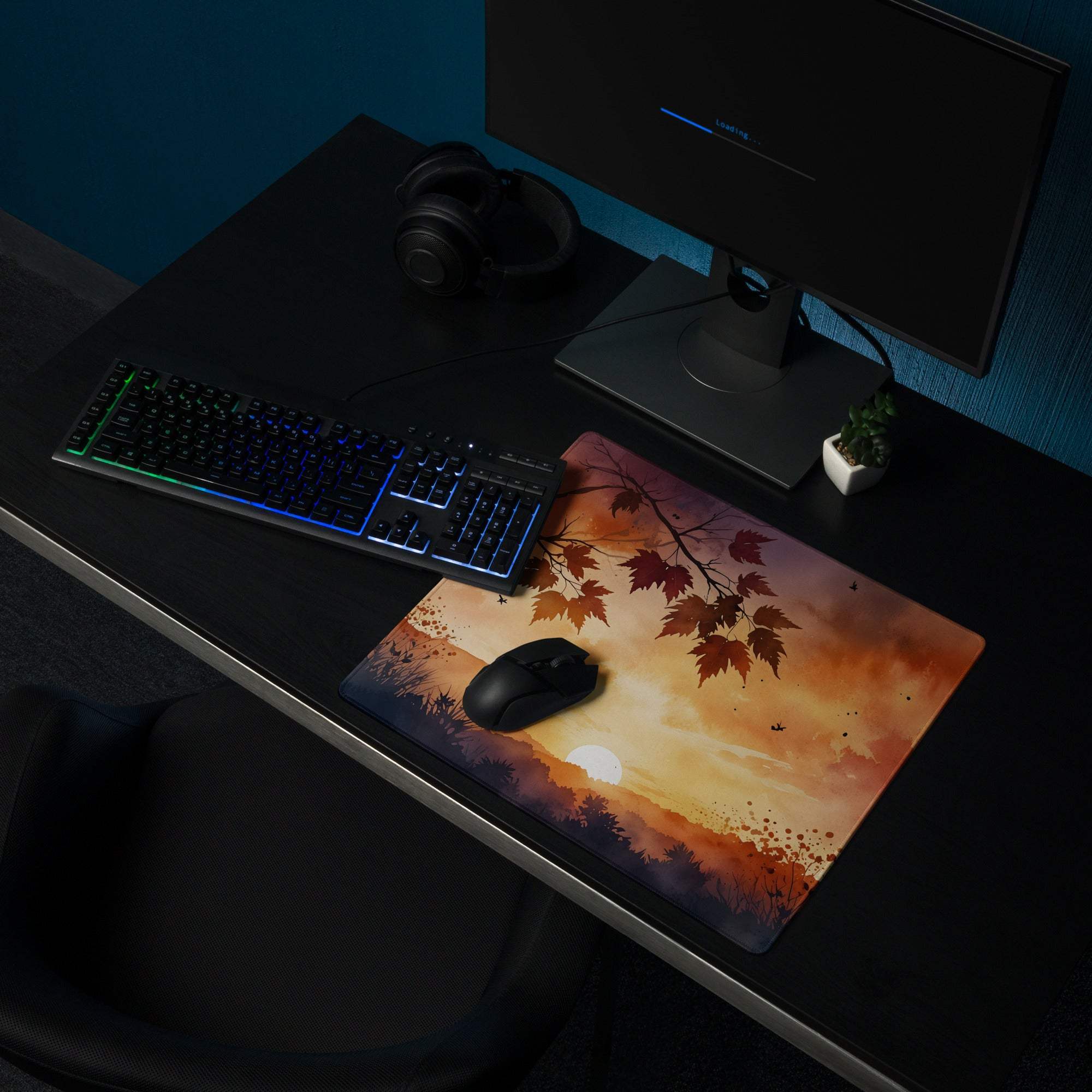 Large Autumn Sunset Landscape Gaming Mouse Pad with scenic orange leaves sunset