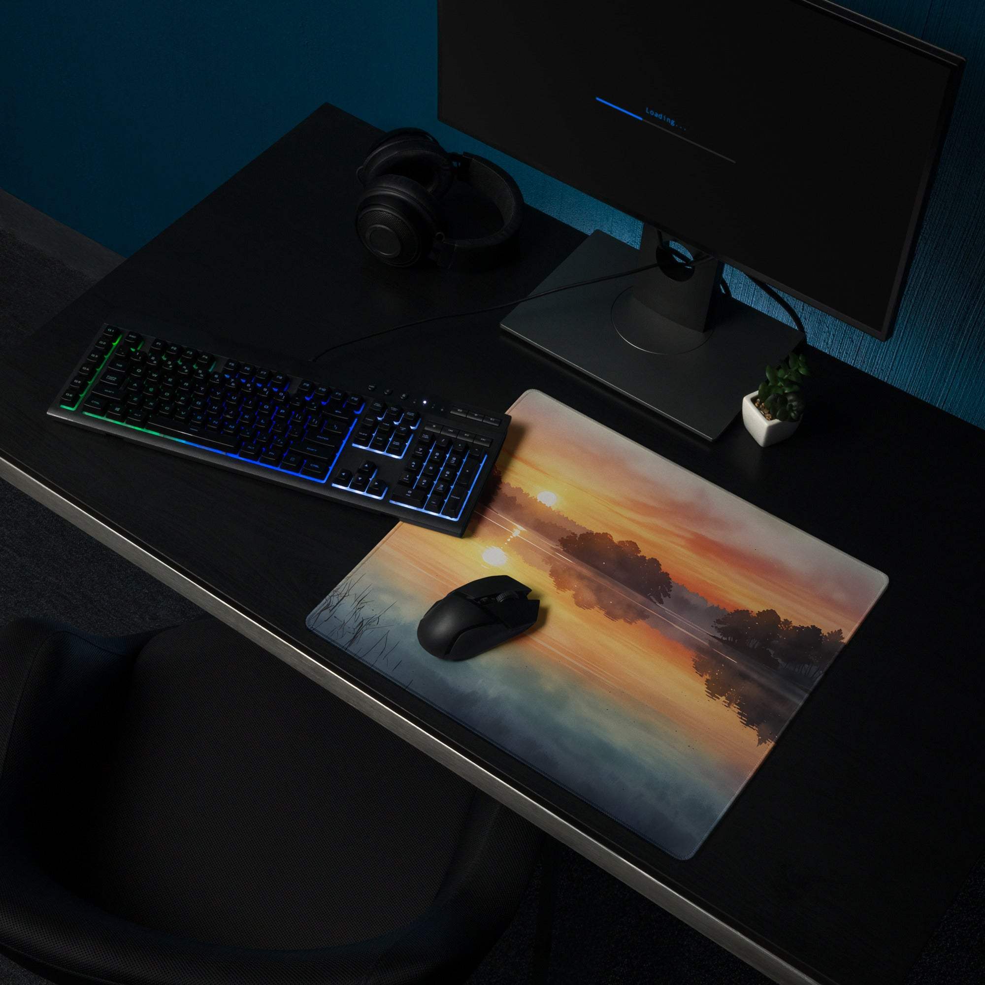 Large nature scene warm sunset lake gaming mouse pad with non-slip backing