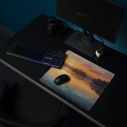 Large nature scene warm sunset lake gaming mouse pad with non-slip backing