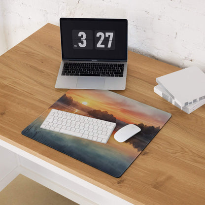 Large nature scene warm sunset lake gaming mouse pad with non-slip backing