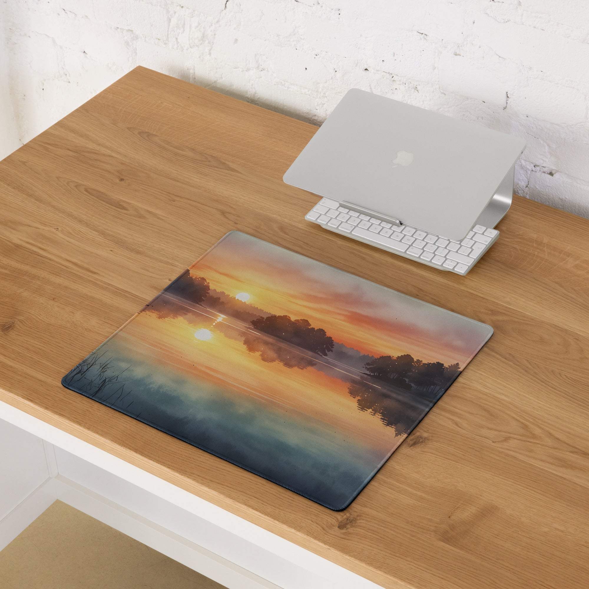 Large nature scene warm sunset lake gaming mouse pad with non-slip backing
