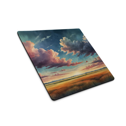 Epic scenic sunset landscape gaming mouse pad with golden field and pink purple sky