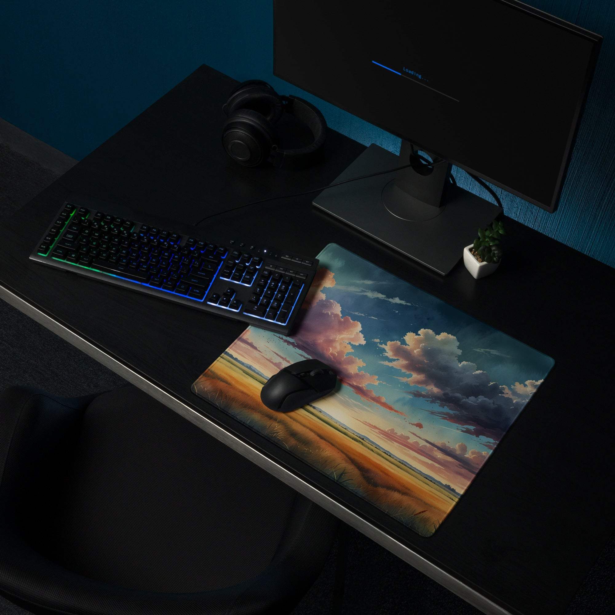 Epic scenic sunset sky gaming mouse pad with warm tones, non-slip base