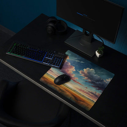Epic scenic sunset sky gaming mouse pad with warm tones, non-slip base