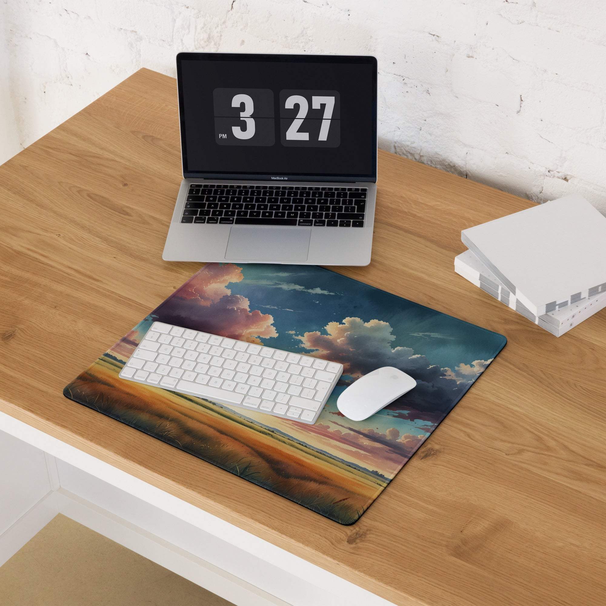 Epic scenic sunset sky gaming mouse pad with warm orange purple hues, non-slip base
