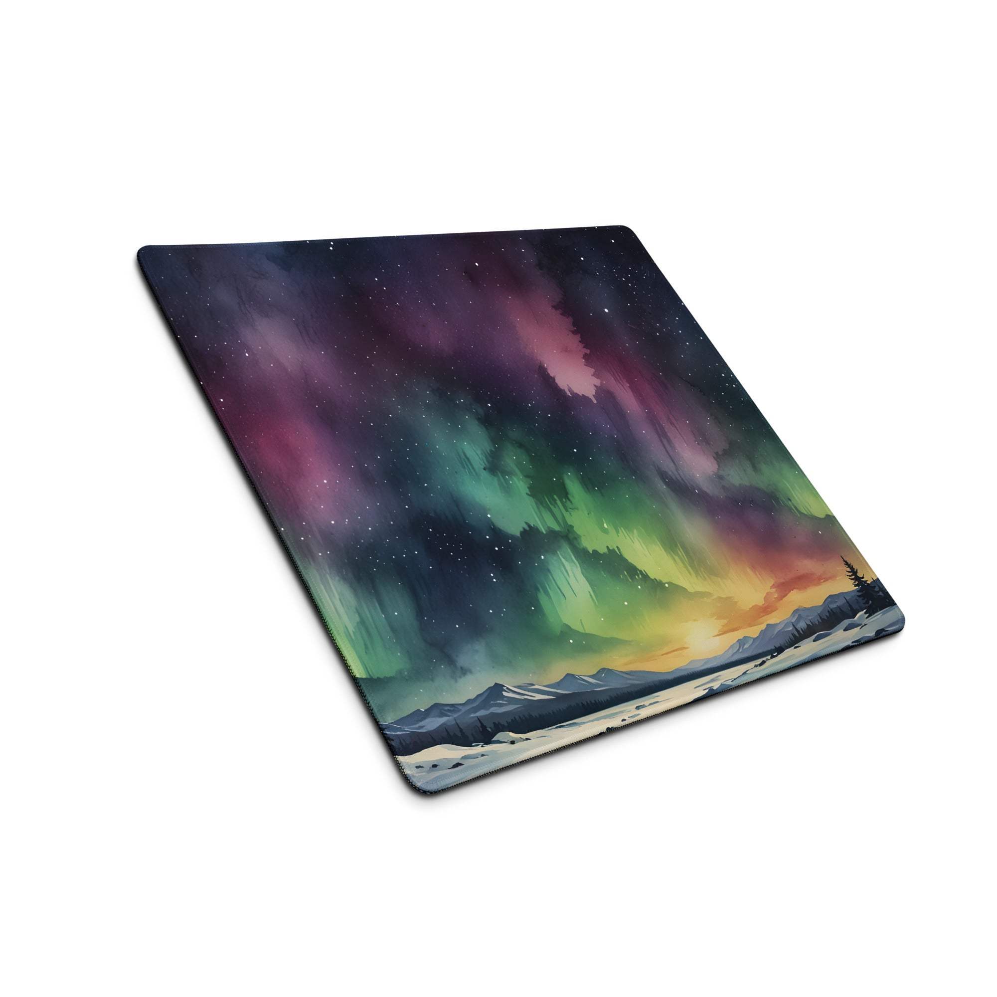 Epic Aurora Borealis gaming mouse pad with vibrant watercolor snowy mountains