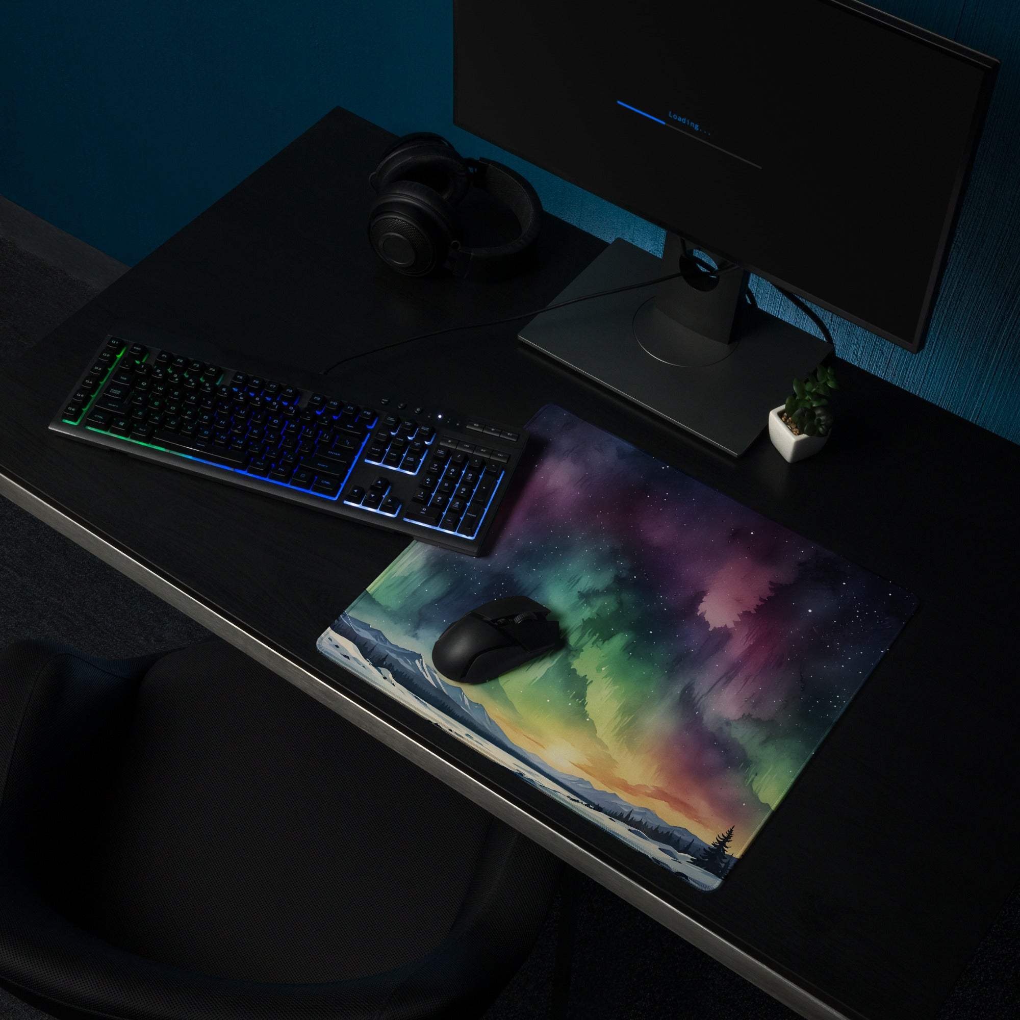 Epic Aurora Borealis gaming mouse pad with vibrant aurora colors over snowy mountains