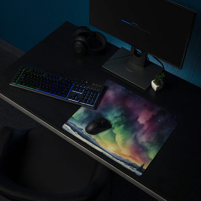 Epic Aurora Borealis gaming mouse pad with vibrant aurora colors over snowy mountains