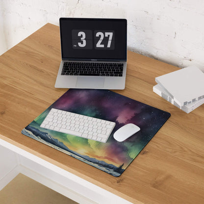 Epic Aurora Borealis gaming mouse pad with vibrant mountains and stars