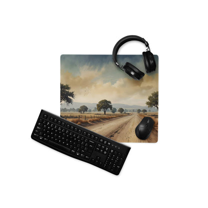 Black matte wireless QWERTY keyboard on scenic sunset road mouse pad