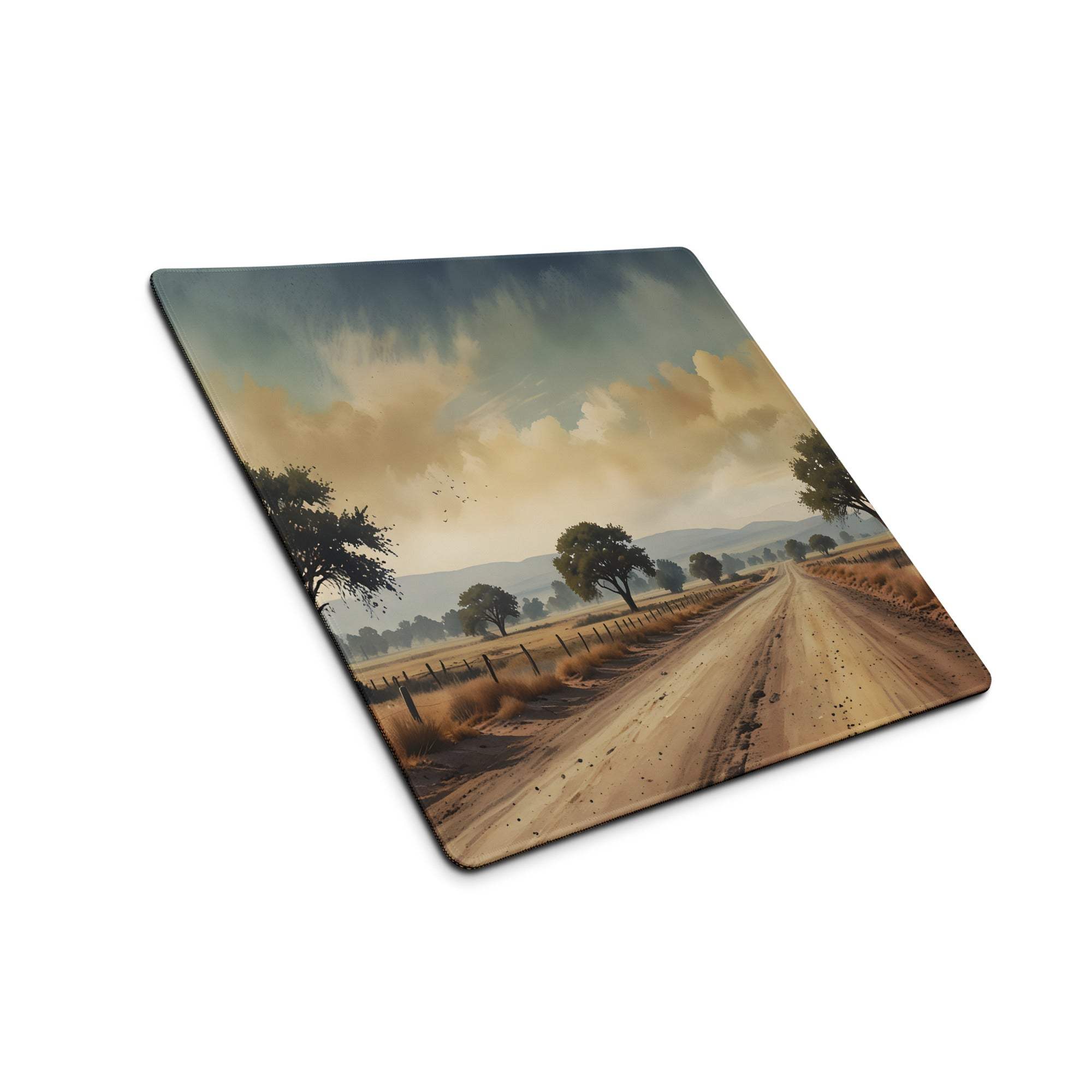 Square wooden mousepad with scenic dirt road, trees, cloudy sky sunset