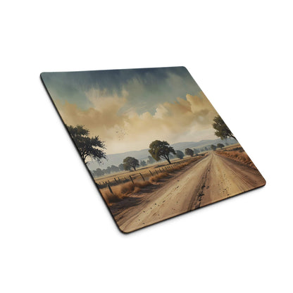 Square wooden mousepad with scenic dirt road, trees, cloudy sky sunset