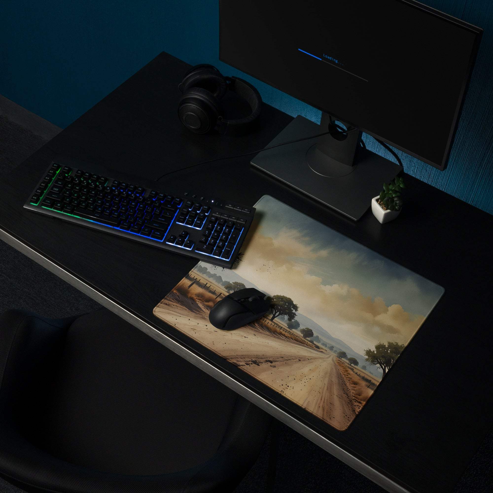 Classic landscape gaming mouse pad with scenic desert road at sunset