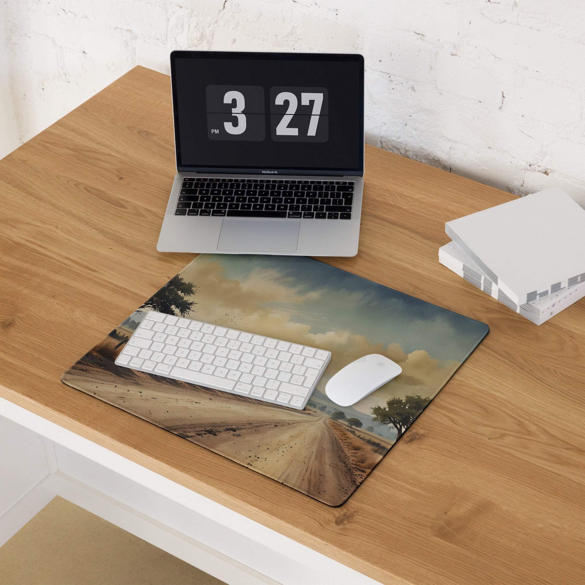 Classic gaming mouse pad with scenic desert road in sunset fields