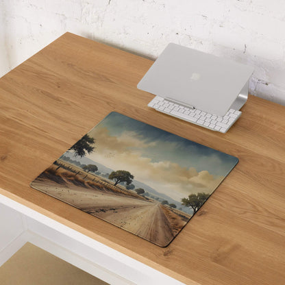 Classic landscape gaming mouse pad with scenic dirt road, trees, sunset fields