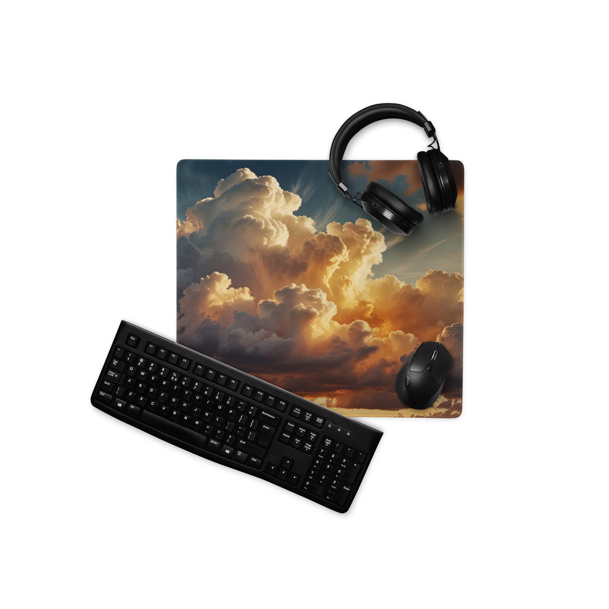 Premium cloudscape sunset gaming mouse pad with black keyboard and mouse